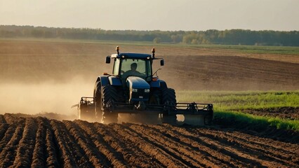 Obraz premium Tractor Plowing Agricultural Field in the Spring. Dust over the agricultural field