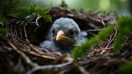 Naklejka na ściany i meble Close-up of a forest bird in its nest, intimate wildlife glimpse