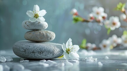 Obraz na płótnie Canvas Stacked stones with white cherry blossoms on a blurred background. Serenity and spa concept with space for text. Design for wellness, relaxation, and meditation themes