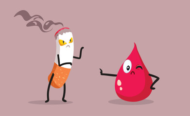 Cartoon Blood Drop Saying no to Smoking Vector Illustration. Bad habit of tobacco addiction doing damage to the circulatory system
