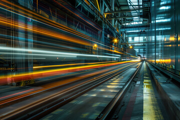 Fototapeta na wymiar Moving with high speed in a tunnel. Engineering industry. Motion blur. Created with Generative AI technology.