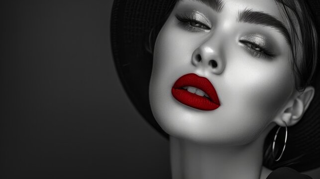 Black and white portrait of a woman with red lipstick and hat. High contrast beauty and fashion photography with space for text