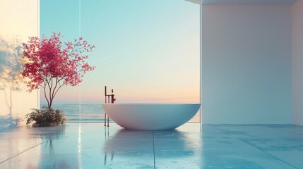 Luxurious bathroom interior with freestanding bathtub overlooking a sea view at sunset. Contemporary design with blossoming tree for serene home spa concept. - obrazy, fototapety, plakaty