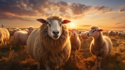 Flock of sheep under the golden sunset, pastoral beauty - obrazy, fototapety, plakaty