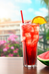 Obraz premium Refreshing Watermelon Cocktail on Sunny Balcony with Tropical Flowers.