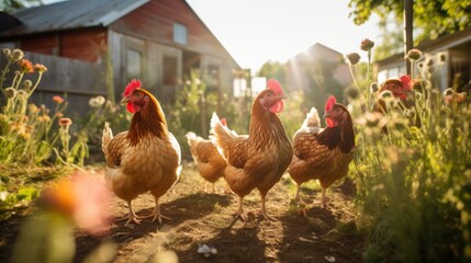 Free-range chickens pecking in a farmyard, rustic charm - obrazy, fototapety, plakaty