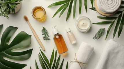 Flat lay of eco-friendly spa essentials with natural green leaves. Concept of sustainable beauty and self-care routine with organic products - obrazy, fototapety, plakaty