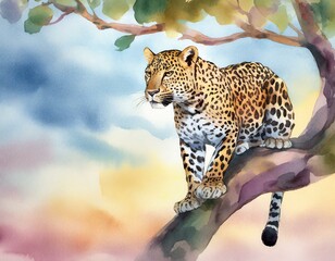 leopard on a branch - obrazy, fototapety, plakaty