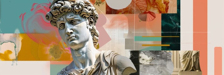 Collage of stoic classical statues with stoicsim and textures. A creative digital collage that combines elements of classical statues with various textures and abstract patterns