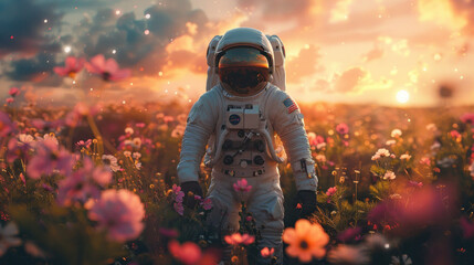 A beautiful astronaut walking in a field of flowers on a different planet.