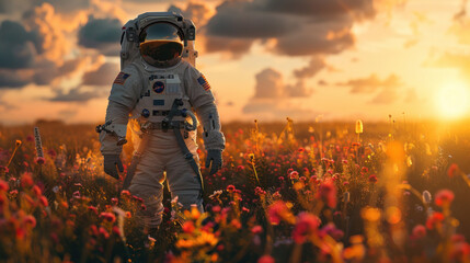 A beautiful astronaut walking in a field of flowers on a different planet.