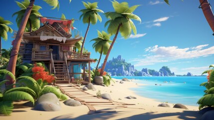 Imaginative 3D cartoon beach setting with a quirky seaside shack and palm trees
