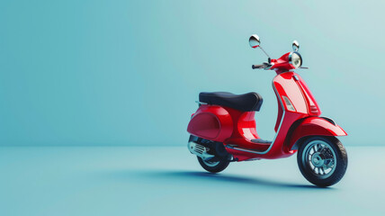A shiny red vintage scooter stands against a cool blue background.