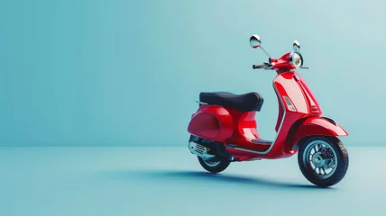 Foto op Plexiglas A shiny red vintage scooter stands against a cool blue background. © VK Studio