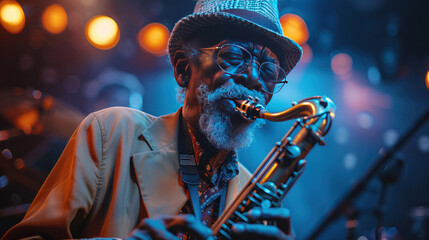 A male African American jazz performer plays the saxophone on stage.