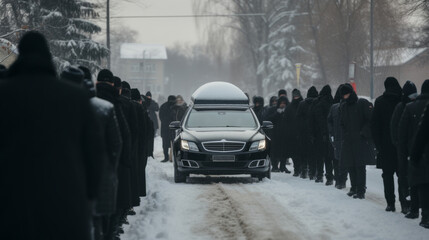 Funeral of a mafia boss. Russian mafia. Winter. Sad faces. Mourning. People dressed in black - obrazy, fototapety, plakaty