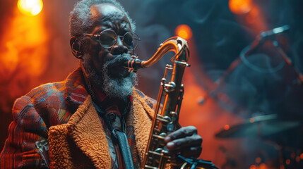 A male African American jazz performer plays the saxophone on stage. - obrazy, fototapety, plakaty