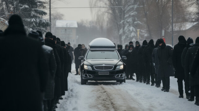 Funeral of a mafia boss. Russian mafia. Winter. Sad faces. Mourning. People dressed in black