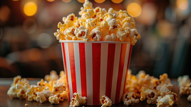 A red and white striped popcorn cup with lots of popcorn in a movie theater.