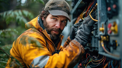 Obraz premium A technician working on air conditioning outdoor unit. HVAC Technician