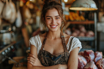 Fototapeta na wymiar A smiling female butcher standing with arms crossed in meat shop.