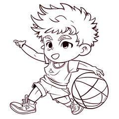 boy playing basketball coloring book, vector illustration line art