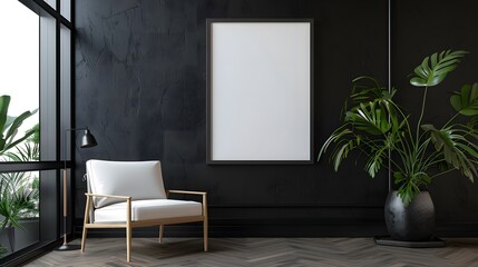 Blank white frame on the black wall living room background. Frame for mockup.