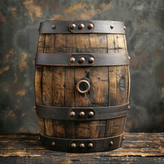 A vintage wooden barrel with metal bands on a dark background.