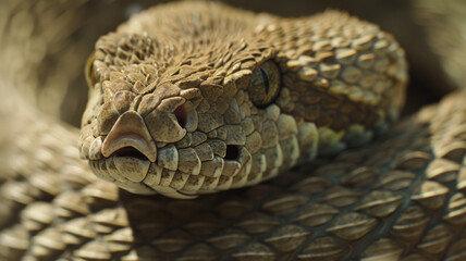 Close view of a coiled rattlesnake with intricate scale patterns.