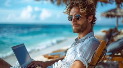 A young man working on a laptop while sitting on a beach chair, with the ocean in the background. - obrazy, fototapety, plakaty