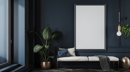 Blank white frame on the blue wall living room background. Frame for mockup.
