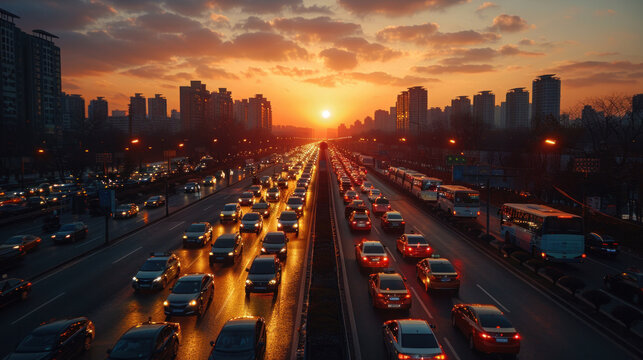 Aerial view of Dense traffic on multiple lanes against a backdrop of city skyscrapers during sunset.