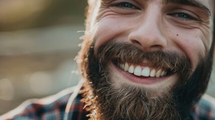 Close-up of a bearded man with a warm, heartfelt smile. - obrazy, fototapety, plakaty