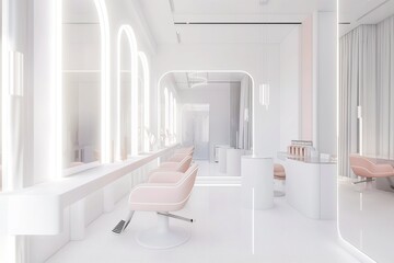 Modern bright beauty salon. Hair salon interior with chairs, mirrors and lights