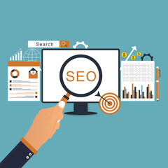 SEO analytics - Web browser window with search engine optimisation graphs, charts and diagrams showing growth and positive results. Semi flat design vector illustration 