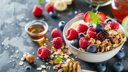 Healthy breakfast bowl with fruits, nuts, and granola on a dark surface.
