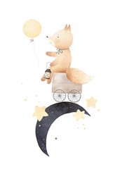 Cute little fox on the moon among the stars. Fox and balloon. Watercolor illustration. Decor for a children's room.
