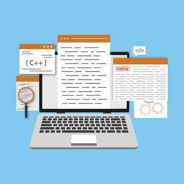 Concept of computer programming or developing software or game. Vector 3d illustration with coding symbols and programming windows. Concept of Information technologies and computer engineerin