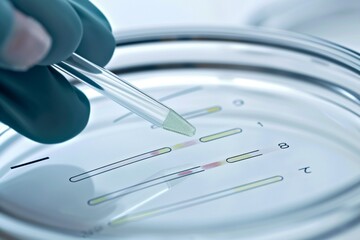 Electrophoresis of DNA fragments, Close-up, DNA molecules added to an agarose gel cell