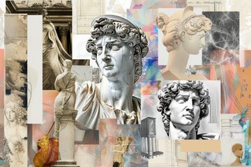 Collage of stoic classical statues with stoicsim and textures. A creative digital collage that combines elements of classical statues with various textures and abstract patterns