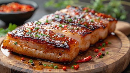 Close up of Piece of baked pork belly served with sauce and chili pepper on wooden board. - obrazy, fototapety, plakaty