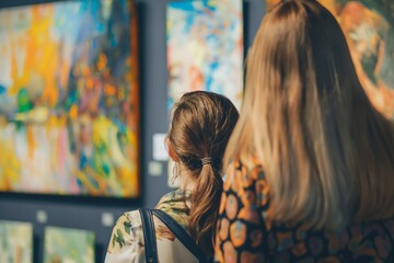mother and daughter look at paintings in an art gallery in a museum