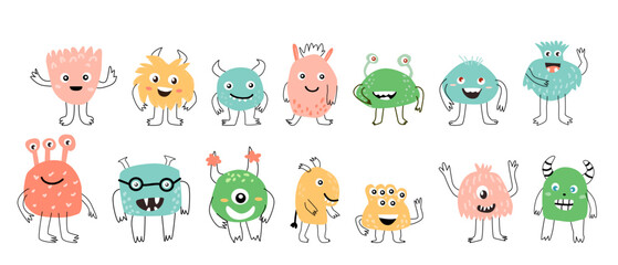 Big set of Cute baby monsters characters smiling vector illustration © ZhumaStudio