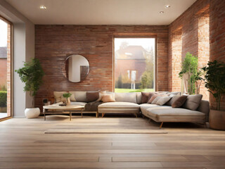 Step into a good looking style room through this render, where a generous window illuminates the space, complementing the modern wooden floor and brick wall.