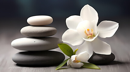 A pile of zen stones with flowers