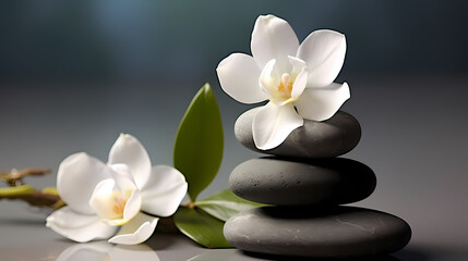 Fototapeta na wymiar A pile of zen stones with flowers