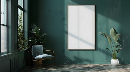 Blank white frame on the green wall living room background. Frame for mockup.