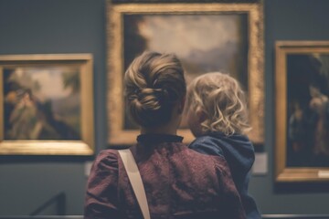 Fototapeta premium mother and daughter look at paintings in an art gallery in a museum