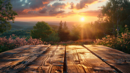 Empty wooden table top with blur background of nature skyline.