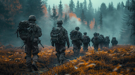 Group of warfare soldiers moving forward. - obrazy, fototapety, plakaty